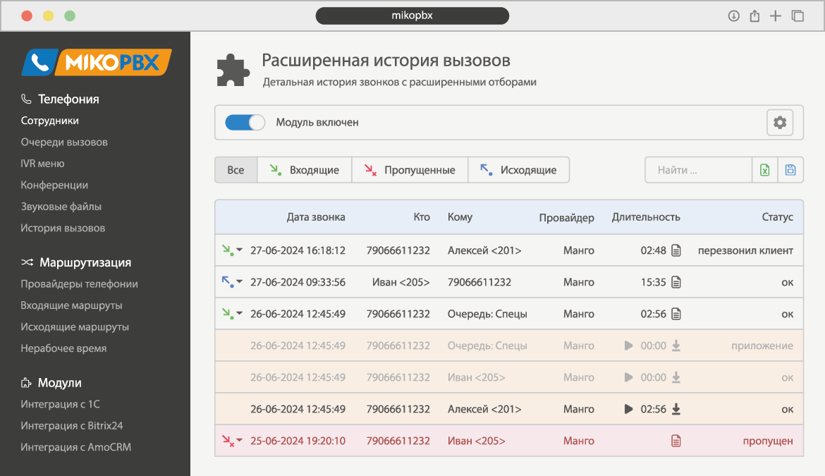 MikoPBX - Расширенная история звонков